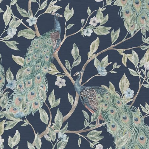World of Wallpaper Keeka Papier peint moderne sur le thème des oiseaux paon, reflets métalliques pour le salon et la chambre à coucher – Bleu marine 946100