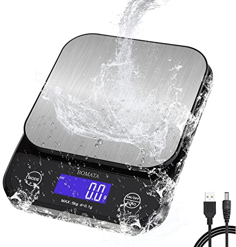BOMATA Waterproof IPX6 Kitchen Scale, 0.1g High Precision,Max 5kg, Washable, TYPE-C Rechargeable, Stainless Steel Weighing Platform, Digital Scale for Food，Cooking, Baking, Weight Loss, etc.……