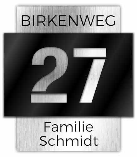 Premium Hausnummer | individuell anpassbar | Aluverbund silber gebürstet und Acrylglas Schwarz Matt oder Glanz | 3D Effekt | Wetterfest