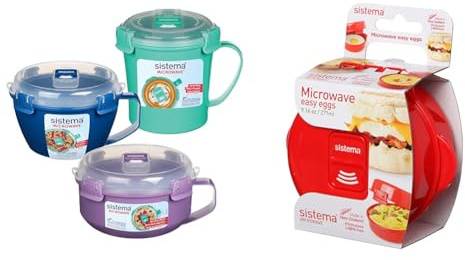 Sistema 3 Pack Soup, Porridge & Noodle Bowl to Go, Assorted Colours & Microwave Egg Cooker Easy Eggs | Egg Poacher with Steam Release Vent | 270 ml | BPA-Free | Red