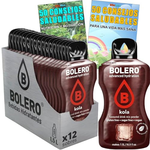 Lote Bebida Bolero (12 x 9 Gr) Sabor COLA Hidratante con Vitamina C, Sin Azúcar + Tarjeta con 100 Consejos Saludables y Vida Sana x WikiMark (12 Sobres + Tarjeta 100 Consejos, COLA (KOLA))