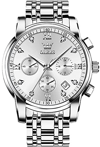 OLEVS Relojes para Hombre Reloj Analógico de Cuarzo de AceroInoxidable Diamantes Esfera Blanca Multifuncionales Relojes de Hombre Clásico Vestido de Lujo Reloj de Hombres Correa Plateada