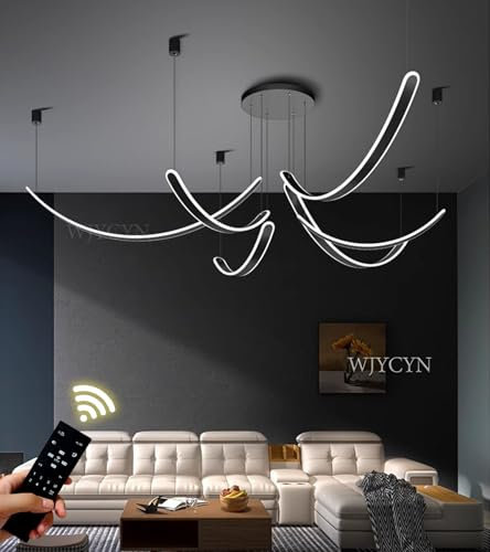 WJYCYN LED dimmable Large Living Room Ceiling Lights Black Arch Design Pendant Light&Pendant Light Large Bedroom Lights with Remote Control Modern Chandelier Villa Salon Living Room loft (L60cm*6)