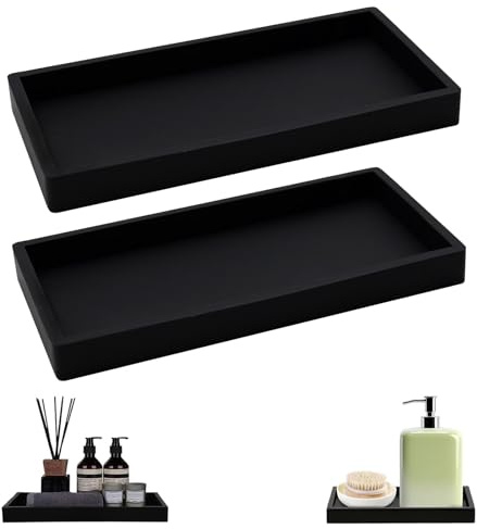 2 Stück Badezimmer Tablett, Deko Tablett, Schwarz Silikon Ablageschale, 20 x 10cm Rechteckiges Dekotablett Tablett für Waschtisch Badewanne Küchenspüle und Toilette