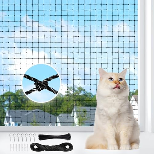 AQhui Katzennetz für Balkon, Balkonnetz 4x3m, Katzennetze Drahtverstärkt Transparent, Katzenschutznetz, Taubennetz Ohne Bohren, Katzen Netz Schwarz Gilt terrasse, Fenster und Flure