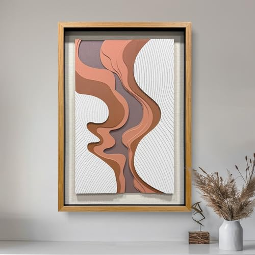 BrightA ​5-Layer Wood Relief​Wooden Wall Art Fluid Curves in Warm Brown & Ash Grey with Linear Grain Background, Framed in Solid Wood & Tempered Glass for Contemporary Walls ​27.5x39.4