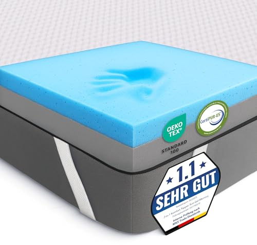 MKS Sobrecolchón de gel 2 en 1, 160 x 200 cm, con H3 y H4, sistema de 5 capas, alivio de presión, laterales de malla y bandas elásticas, ideal para dormir de lado, espalda y boca abajo