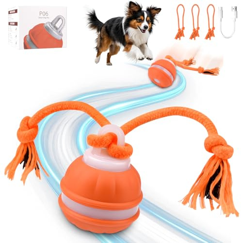 Interaktives Hundespielzeug, Hundespielzeug Unzerstörbar, Interaktiver Spielball für Hunde, Hundeball Elektrisch Ball mit Schwanz 3 Spielmodi 3 Kauschnüren USB,Intelligentes Hundespielzeug Ball(Orange