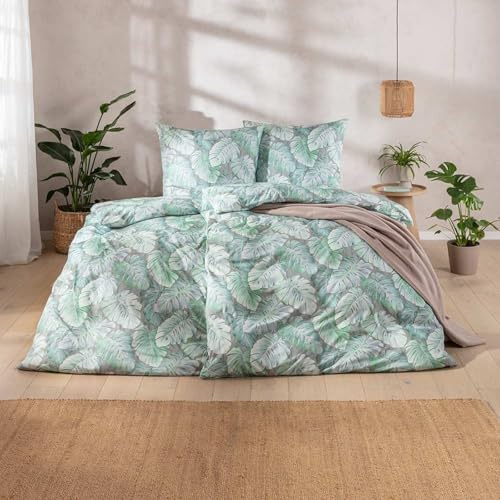 ESTELLA Bettwäsche 135x200 und 80x80, Rabea Tropenblatt, Interlock Jersey, bügelfrei, Ganzjahresbettwäsche aus Baumwolle, pflegeleicht mit Reißverschluss