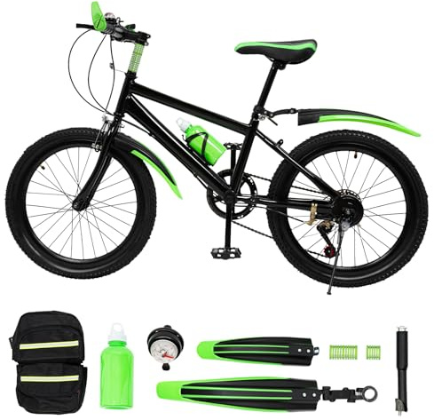 CHIMHOON 20 Inch Unisex Mountainbike Bicycle, 7 Speed Bike 85KG, Boy Girl Mountain Bikes for 8-13 Years, Road Bicycle, MTB Bikes, City Bike, Green/Red Junior Bike