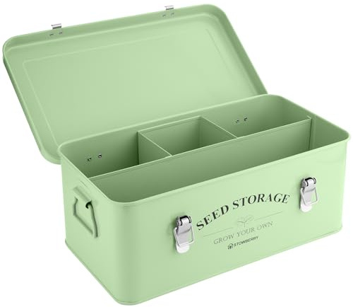 STOWBERRY Seed Storage Box Organiser - Seed Tin with 4 Handy Compartments | Classic Seed Tin with Lid, Handles, 4 x Spacious Storage Sections & Safety Lock – Perfect Gardening Gifts for Men & Women