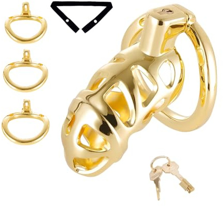 Metall Peniskäfig mit 3 Verschiedenen Ringen Männlicher Keuschheitskäfig mit Gürtel und Verstecktem Schloss Sexspielzeug Atmungsaktiver Chastity Cage zum Fesselung des Penis eines Mannes (Golden)
