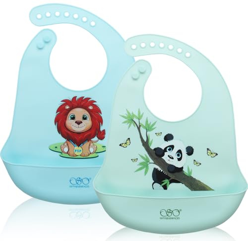 FIFTYSEVENFACES 2 Pezzi Bavaglini Silicone Impermeabili con Tasca Raccoglipappa, Bavaglino Pappa Svezzamento per Bambino, Senza BPA, Bavette Morbide e Regolabili in 7 Posizioni, Lavabili