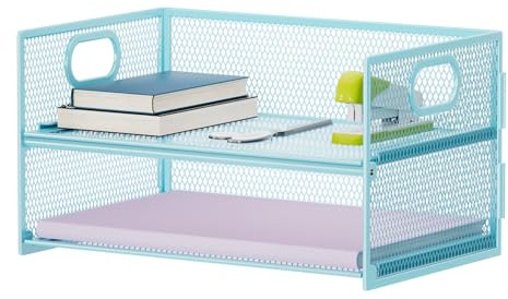 Marbrasse 2 Tier Paper Organizer Letter Tray, Mesh File Organizer with Handle, Paper Sorter Desk Organizer for Home Office Supplies - Blue