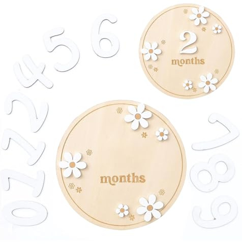 UZEXYO 1 PC Baby Monthly Cards, Baby Cards, Wooden Baby Discs Photo Props, Flower-Styled Baby Monthly Markers