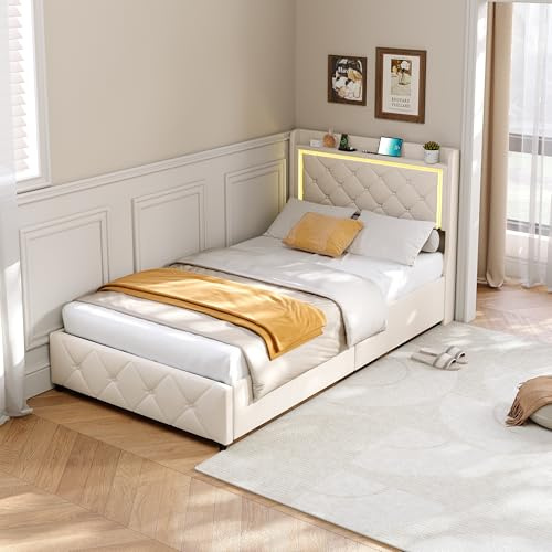 Caluself Schubladenbett Einzelbettrahmen, 90 x 200 cm, Samtbeige, mit Zwei Stauraumschubladen