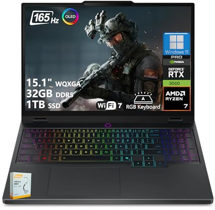Lenovo Legion 5 AI-Powered Gaming Laptop | 15.1 WQXGA OLED 165Hz | AMD Ryzen 7 260 | 32GB DDR5 1TB SSD | GeForce RTX 5060 8GB (Up to 572 AI Tops) | RGB Backlit Wi-Fi 7 Win11 Pro w/DLCA Accessory