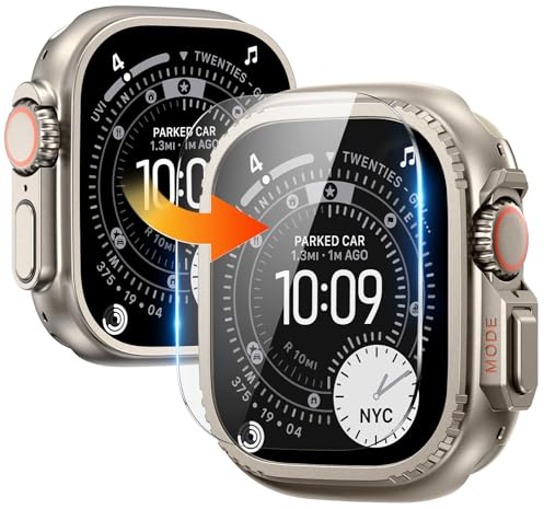 Kamita Metallfodral kompatibelt med Apple Watch Ultra 3/Ultra 2/Ultra 49mm med bakskal, 360° robust armerad skyddsfodral med härdat glas skyddsfilm för iWatch 49mm (Titanium)