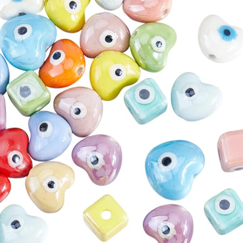 SUNNYCLUE 1 Box 18 Styles 36Pcs Evil Eye Beads Heart Porcelain Beads Bulk Cute Small White Pink Colorful Heart Love Square Loose Spacer for Jewellery Making Bracelets Necklaces DIY Crafts Supplies