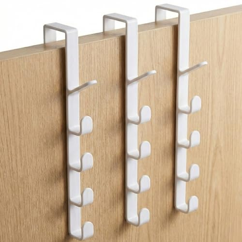 [Lot de 3] Patère de Porte 5 Crochets (Total 15) - Porte Manteau Suspendu Sans Perçage pour Chambre & Salle de Bain - Crochet de Porte en Plastique Robuste Anti-Rayures - Organisateur (Lot 3 Blancs)