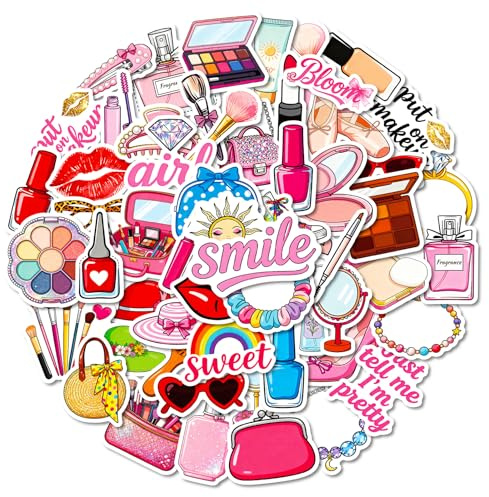 56pcs Makeup Stickers for Scrapbooking Journals Laptops Water Bottles Teens Girls Beauty Aesthetic Vinyl Decals Perfume Lipstick Brushes Cute Fashion Icons for Stationery Craft Decoration
