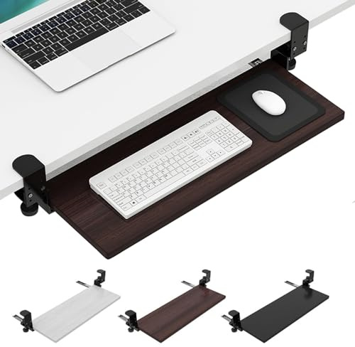 Skjutbart tangentbordsbricka under skrivbord, justerbar trätangentbordsplattform 52/65/75 x 25 cm, C-klämfäste, stort tangentbord och musbricka, ergonomiskt tangentbordsstöd