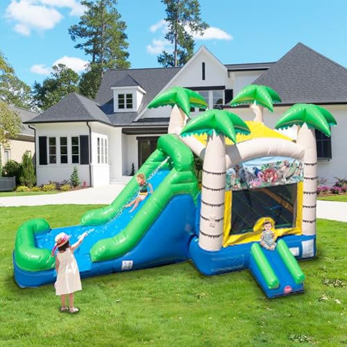 Große Profi Hüpfburg mit Gebläse, Dschungel-Safari Theme 6x6m mit Rutsche & Bällebad aus 0,55mm PVC Gewebe 132kg Aufblasbarer Spielpark Bouncy Castle, geeignet für von 3 bis 11 Jahren