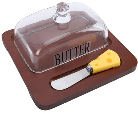 Annadue Mantequera de Madera con Herramienta de Corte de Tapa de Vidrio Transparente, Tapa Hermética de Vidrio que Mantiene la Mantequilla Suave, para Encimera y Refrigerador, Recipiente (Marron