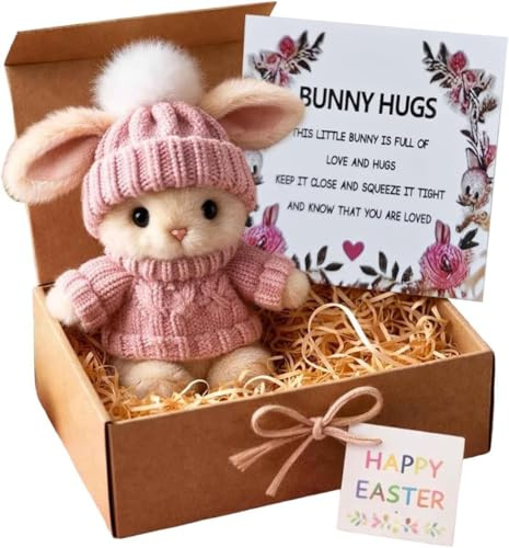 Mini Bunny Hug Cute Easter Gift, 2026 Neu Positive Easter Bunny Plush Toy, Osterhasen Deko with Knitted Hat Inspirational Card Eas-ter Plush Bunny Pocket Hug Rabbit Geschenk für Ostern Familie Freunde