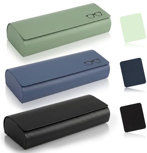 3 Stück Brillenetui Hardcase Leder Metall, Brillenetui mit Brillenputztuch | Tragbar PU Leder Sonnenbrillen Etui mit Magnetverschluss, Universell Glasses Case für Sonnenbrille Lesebrille Sportbrille