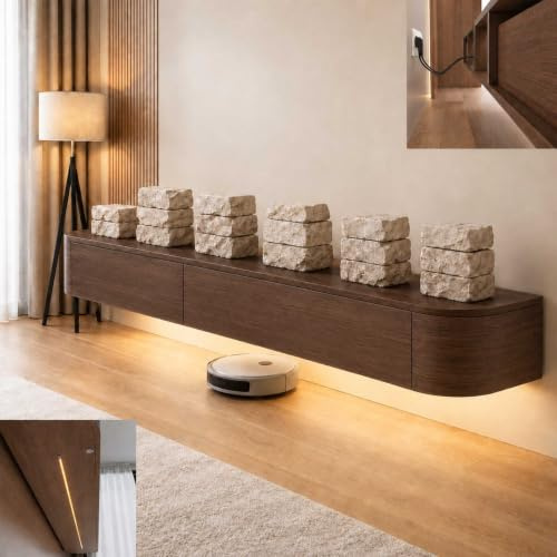 Mueble TV Nogal Suspendido, Consola TV De Pared Madera, Soporte Flotante | 120/160/200/240/300cm, Trasera Abierta, Pasacables Superior, Bordes Redondos, Cajones, Puertas 100kg(47.2IN/120cm)