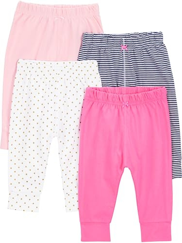 Simple Joys by Carter's 4-Pack Pant Pantaloni, Bianco Pois/Blu Marino Righe/Pesca Pallido/Rosa, 12 Mesi (Pacco da 4) Bimba
