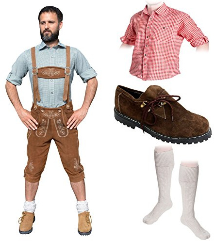 Traditionell herrkostym set B 5-delad traditionell läderbyxa Hellbrahu 46-60 traditionell skjorta skor strumpor oktoberfest, Ljusbrun, En Storlek