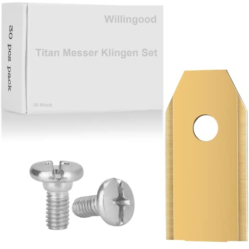 Willingood Titan Messer Klingen Set, 30 Stück Universal Mähroboter Ersatzmesser Ersatzklingen + 30 Schrauben für alle Husqvarna Automower Gardena Mähroboter, Rasenroboter Messerset (3g-0,75mm), Gold
