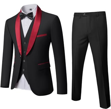 YND Men's 3 Piece Slim Fit Tuxedo Set, One Button Shawl Collar Solid Jacket Vest Pants with Bow Tie