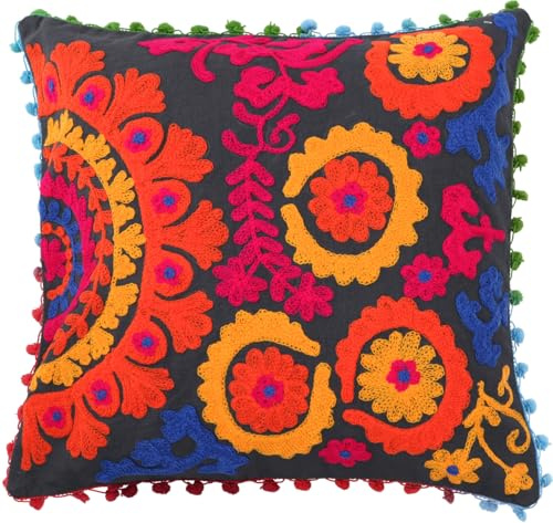 Guru-Shop Housse de Coussin Boho, Coussin de Style Mexicain Brodé de Folklore Coloré - Gris Colombe/jaune, Ducoton, 40x40 cm, Coussin Décoratif Coussin de Canapé