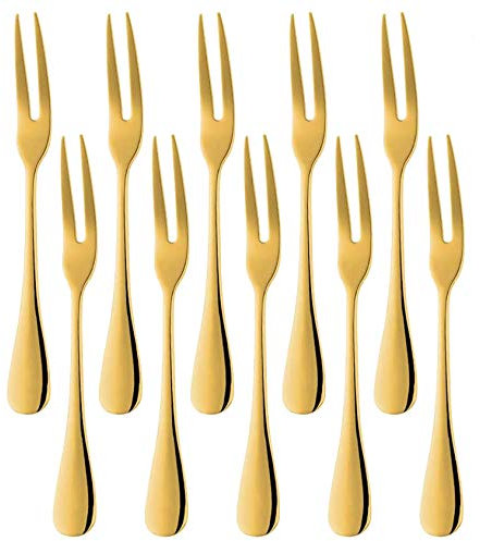 Comicfs 20-Piece Stainless Steel Forks, 5.3 Inches, Seafood Crab Forks Escargot Fork 2 Prong Tasting Appetizer Forks Dessert Cocktail Salad Fruit Fork for Party Travel (Gold)