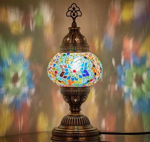 DEMMEX Handmade Colorful Mosaic Glass Table Desk Bedside Lamp Lampshade with Antique Brass Base, Small 30cm H (Colorful)