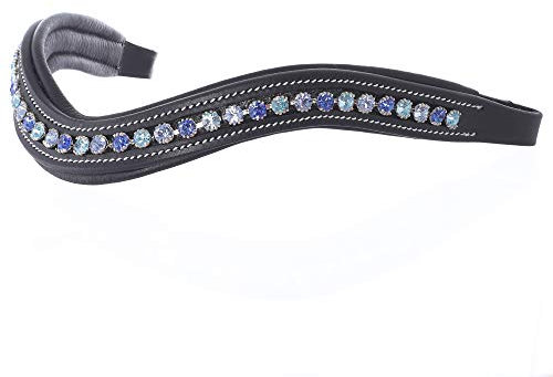 ExionPro gebogenes gepolstertes Saphir-, Violett-, Hellsaphir-Bling-Kristall-Stirnband aus Leder | Diamant-Bling Englisches Dressur-Stirnband | Größe – Full, Cob, Over, Pony | Farbe - Braun, Schwarz