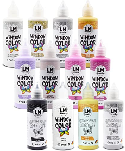 LM-Kreativ Window Color Set (12 x 80 ml Einhorn Zauber) - Abziehbare Fenstermalfarbe/Stickerfarbe auf Wasserbasis für Glatte Oberflächen wie Glas, Spiegel, Fliesen