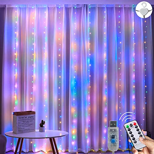 Tenda Luminosa 3mx3m, 300 LED 8 Modalità di Impermeabile IP65 Luci per Tendine con Telecomando, Tenda di Luci USB Adatta Per Decorazione Feste in Giardino, Interni ed Esterni, Natalizia (Multicolore)