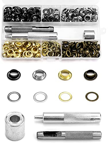 QWORK Lot de 200 oeillet pour bache, pince a oeillet pour bache 8mm, oeillets, avec 3 outils et boîte de rangement, pour bâches, ceintures, chaussures, chapeau, 4 couleurs