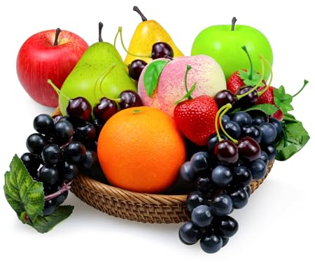 Tenorbass 16 Stück Kunstobst-Packung, künstliche Früchte für die Dekoration der Küche zu Hause, Display-Obst für die Esstischdekoration, realistische gefälschte Lebensmittel, Apfel, Pfirsich, Orangen