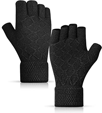 HIYATO gants hiver homme, Gants tricotés chauds avec doublure douce, thermiques pour homme et femme(noir sans doigts 01)