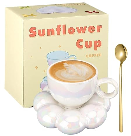 Funvalley Surperfect Ceramic Coffee Mug, Cute Mug with Sunflower Coaster, Cloud Cup Spoon, Kawaii Tea and Saucer Set 6.5oz/190ml for Women Friends Mother's Day Gifts, Pearl White