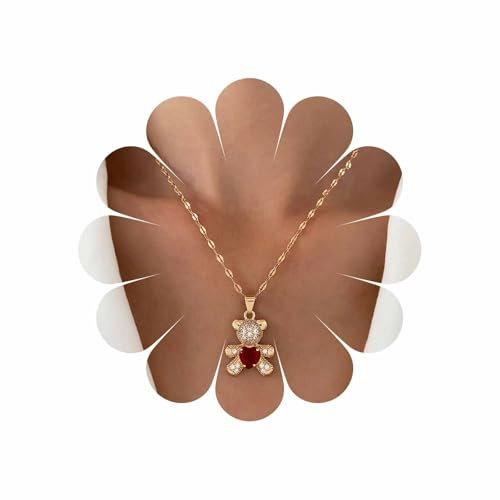 Wendalern Cubic Zirconia Bear Necklace Red Heart Crystal Teddy Bear Necklace Gold Thin Chain Cute Animal Pendant Necklace Jewelry for Women Girls