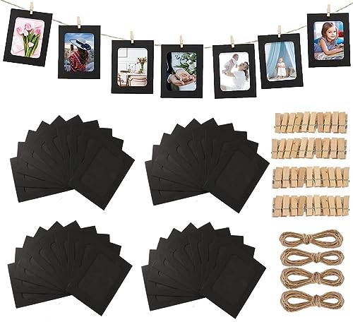 AHYDFSR 40 Marcos de Fotos de cartón,Cuerda de Cáñamo Natural Fotos Pared, Set Marco Fotos de Papel,Marcos para Colgar Fotos en la Escuela, Hogar,Oficina o Fiestas, Portaretratos para Fotos, Negro