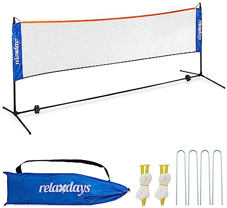Relaxdays Badminton Netz, höhenverstellbar bis 225 cm, Tennisnetz mit Ständer, mit Tragetasche, Spielnetz, schwarz/blau