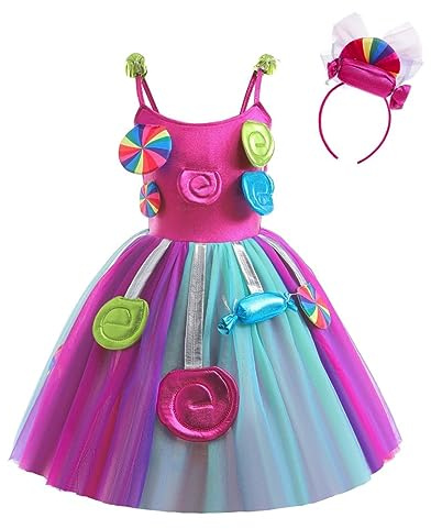 Dressy Daisy Little Girls Candy Costume Fancy Dress Rainbow Skirt for Carnival Halloween Birthday Party with Headband Size 8-10, Purple