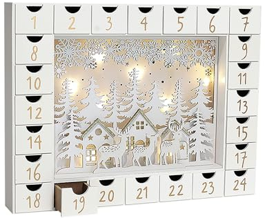 PE Wooden Advent Calendar with 24 Drawers to Fill Small Gifts Christmas Scene with LED Lights Countdown to Christmas Tabletop Decoration 14 x 2 x 10.5 inch (White)